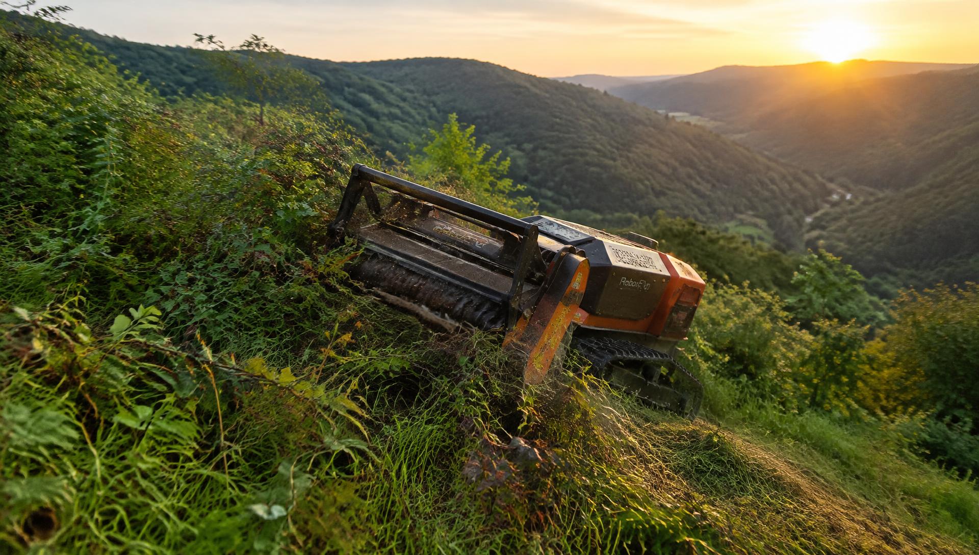 Broyeuse robotisée télécommandée AB Création en intervention sur une pente raide en Corrèze